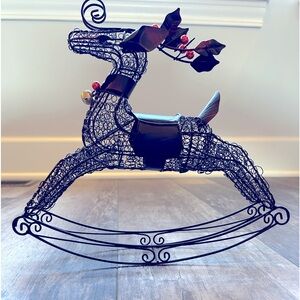 Black w/ bronze accent metal rocking reindeer w/gold jingle bell & red ornaments